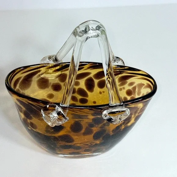 Hand Blown Murano Style Vintage Glass Purse Vase Leopard Spot Amber 7" Art - Picture 10 of 13
